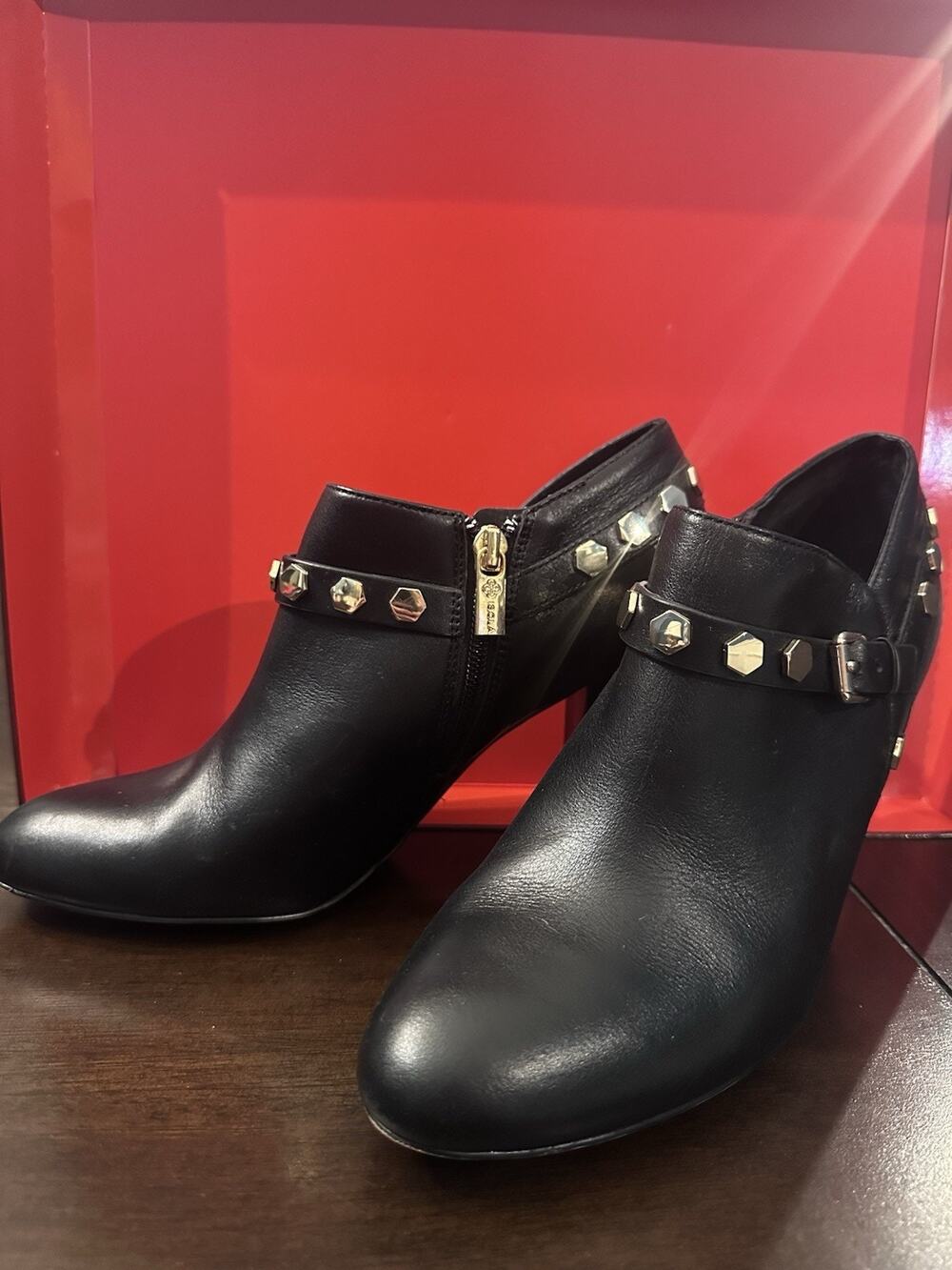 Isolá Black Leather Studded Ankle Bootie Almond Toe Side Zip Block Heel 8